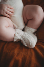 Load image into Gallery viewer, WHITE MERINO WOOL BABY BONNET + BOOTIES SET
